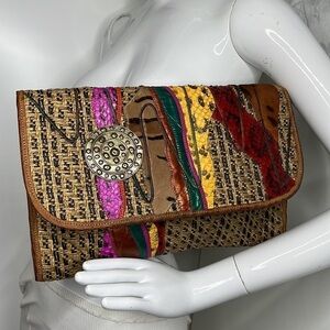 Carlos Falchi Woven Leather and Hemp and Exotic Patchwork of Skins Clutch Bag